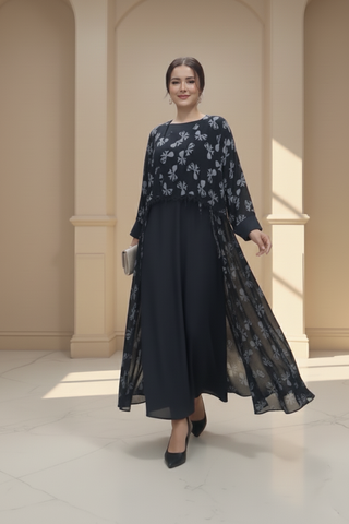 Princess Printed Black Abaya with Stoller & Niqab ( Black )