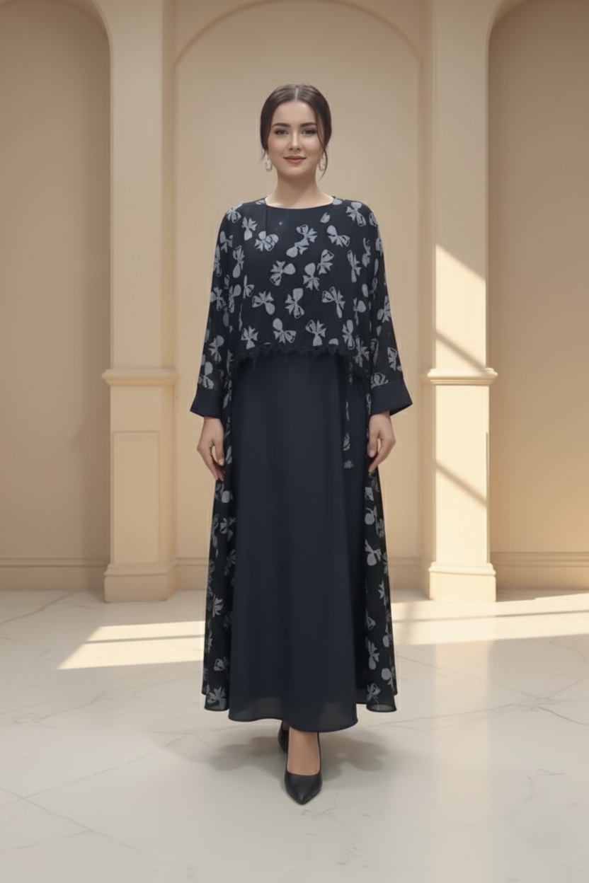 Princess Printed Black Abaya with Stoller & Niqab ( Black )